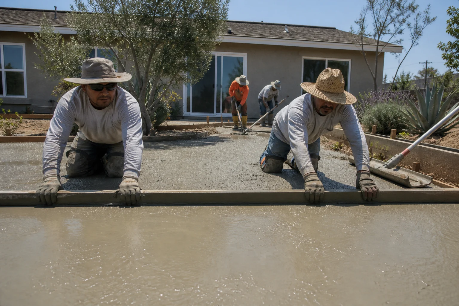 Two workers screeding wet concrete with a 2x4 straightedge