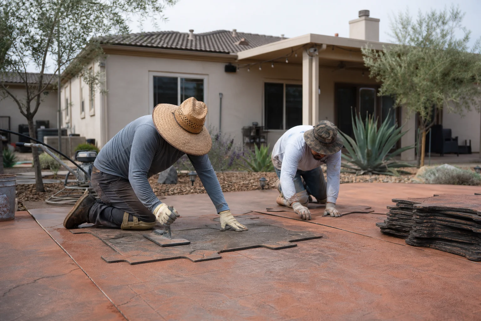 Workers pressing texture stamp mats into fresh concrete, release powder dusted