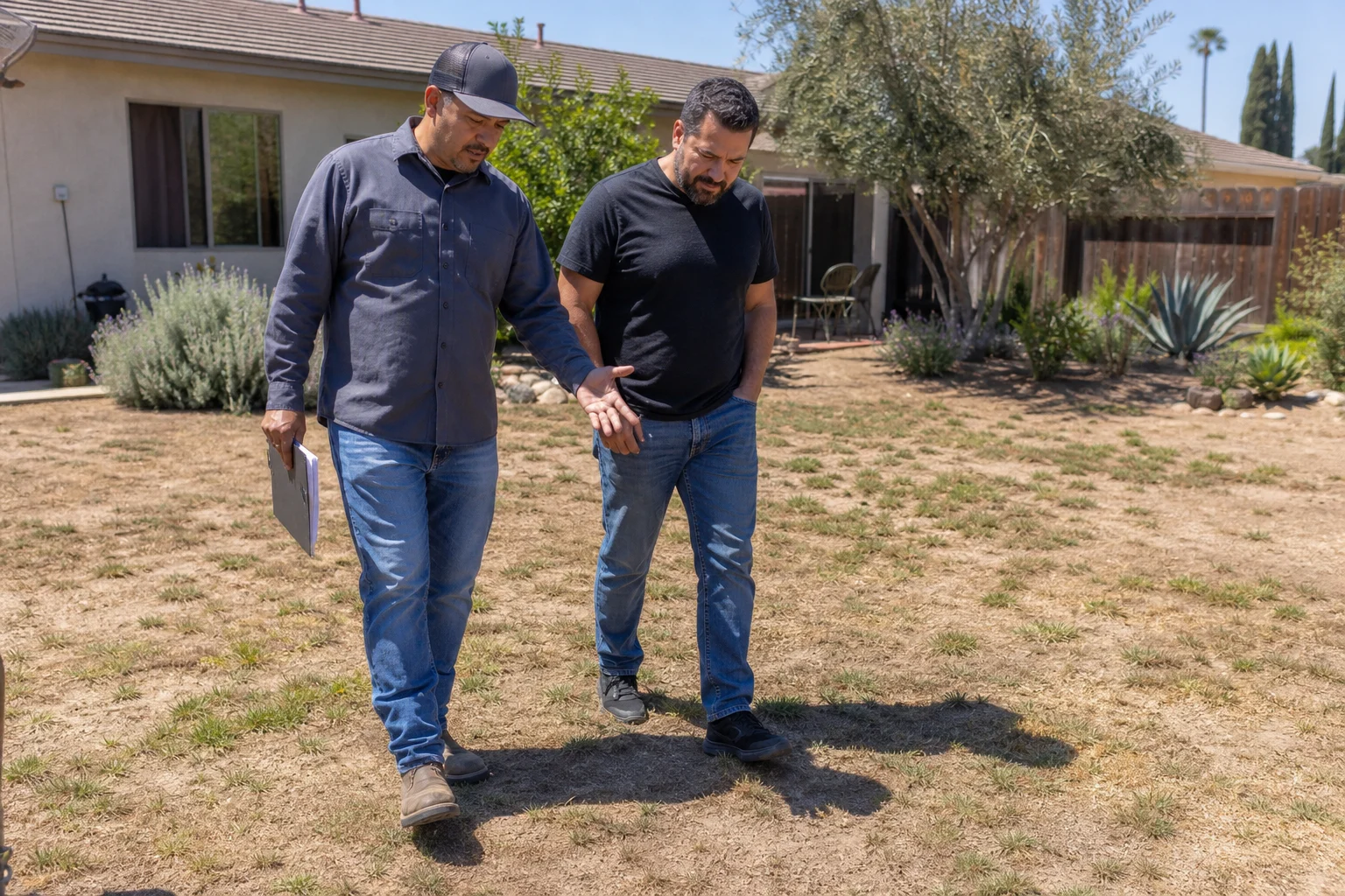 Owner walking a backyard with a homeowner, clipboard in hand