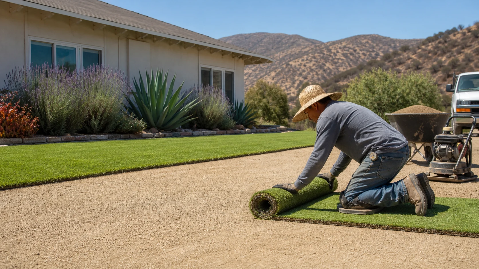 Crew rolling out artificial turf across a prepared backyard base