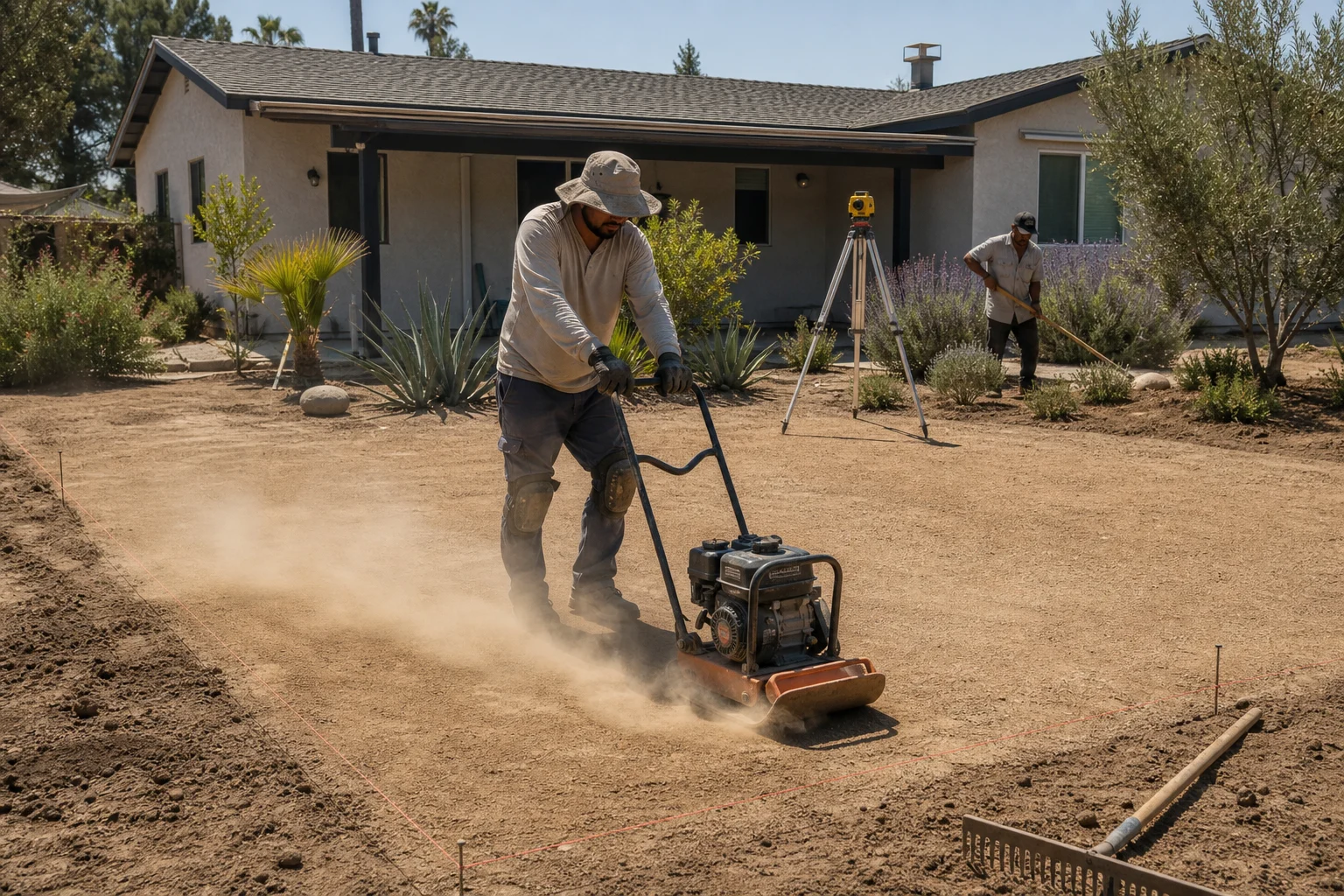 Worker plate-compacting a decomposed-granite base, string lines set &mdash; Canyon Lake, CA