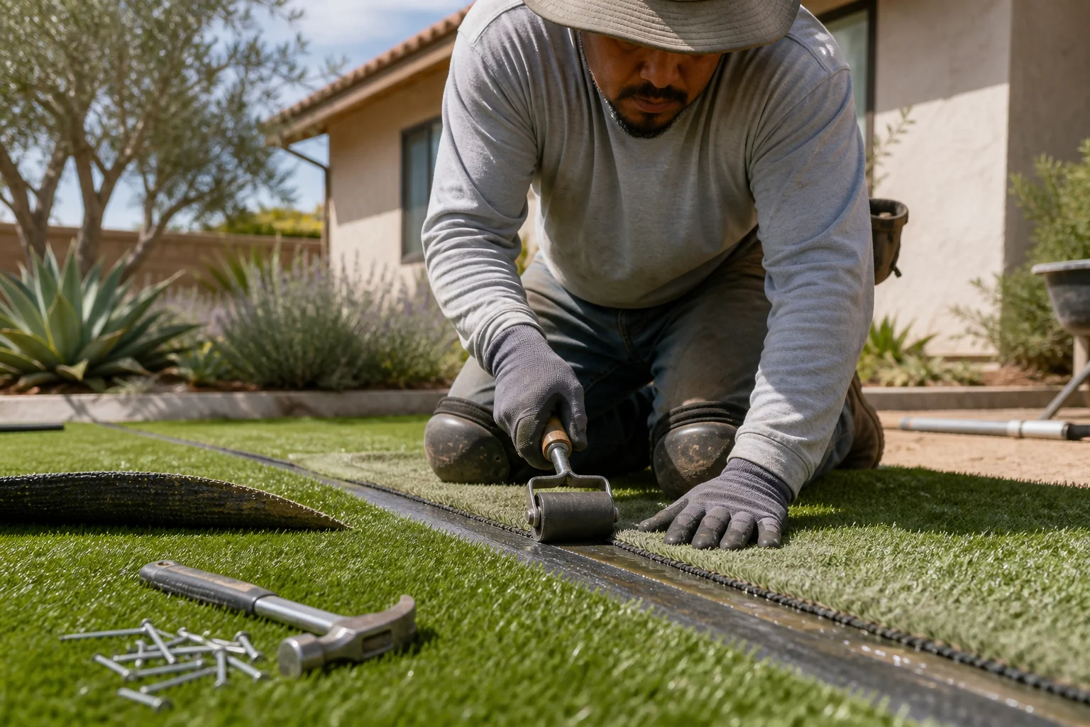 Installer joining two turf pieces with seam tape and a roller